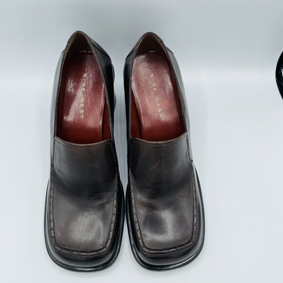 Nine West Shoes Womens Size 10 M Brown Leather Kinetic Chunky Heels Y2K Square - Picture 5 of 11